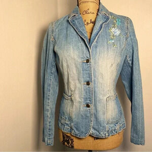 Vintage Liz Claiborne Crazy Horse Denim Jacket Women’s Small Embroidered Floral